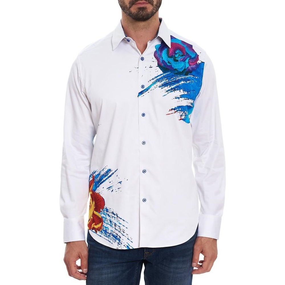 Robert Graham Mens Classic Fit White Floral Abstract Graphic Button Down Shirt L